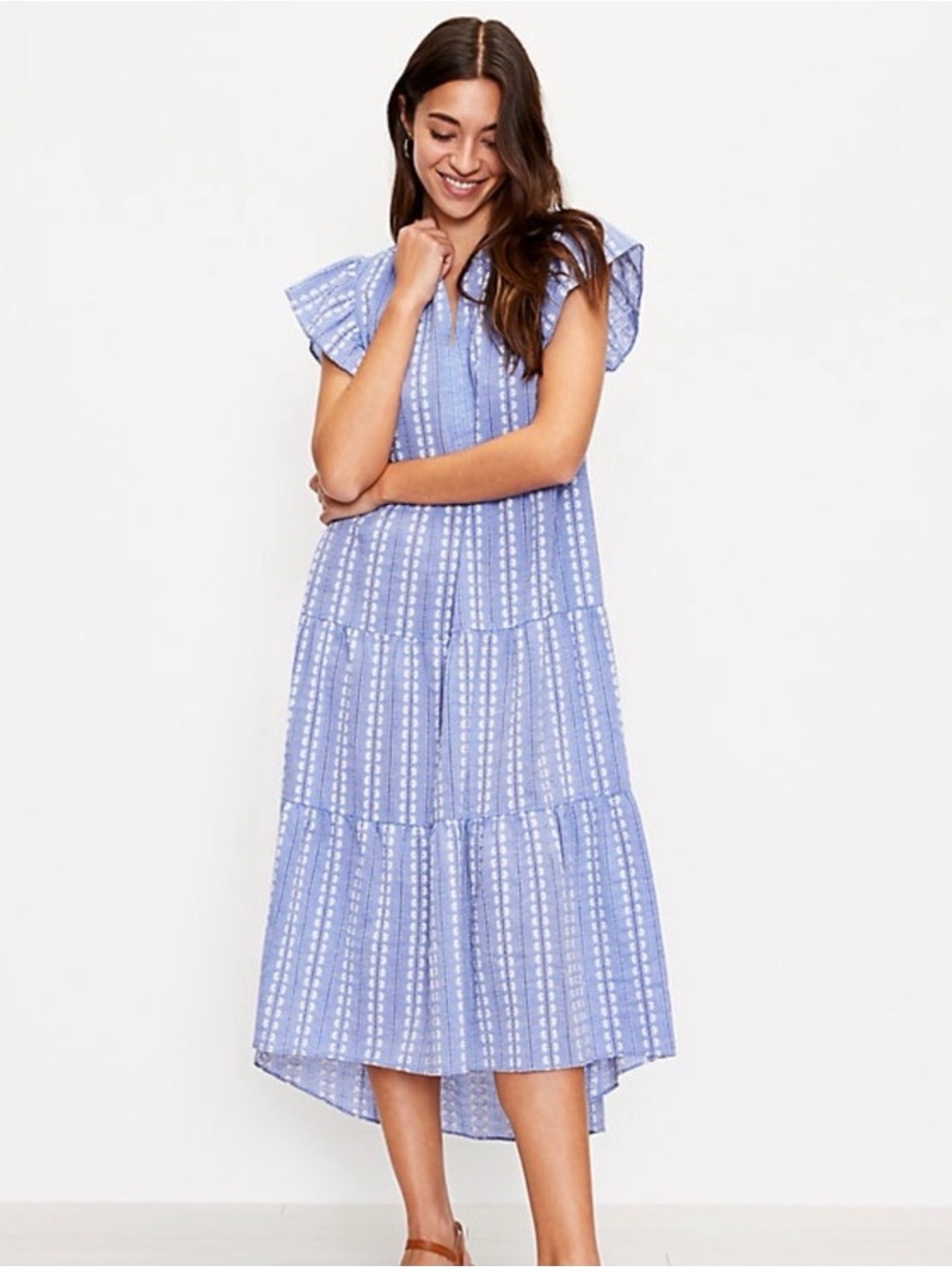 LOFT Light Blue Tiered Midi Dress with Flutter Sleeves